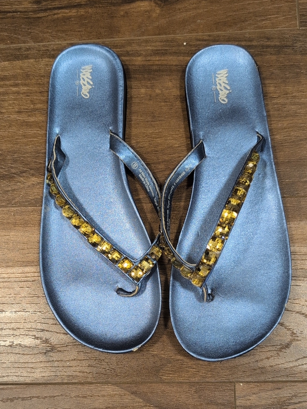 Mossimo Metallic Blue Flip Flop Sandals with Amber Gem Trim